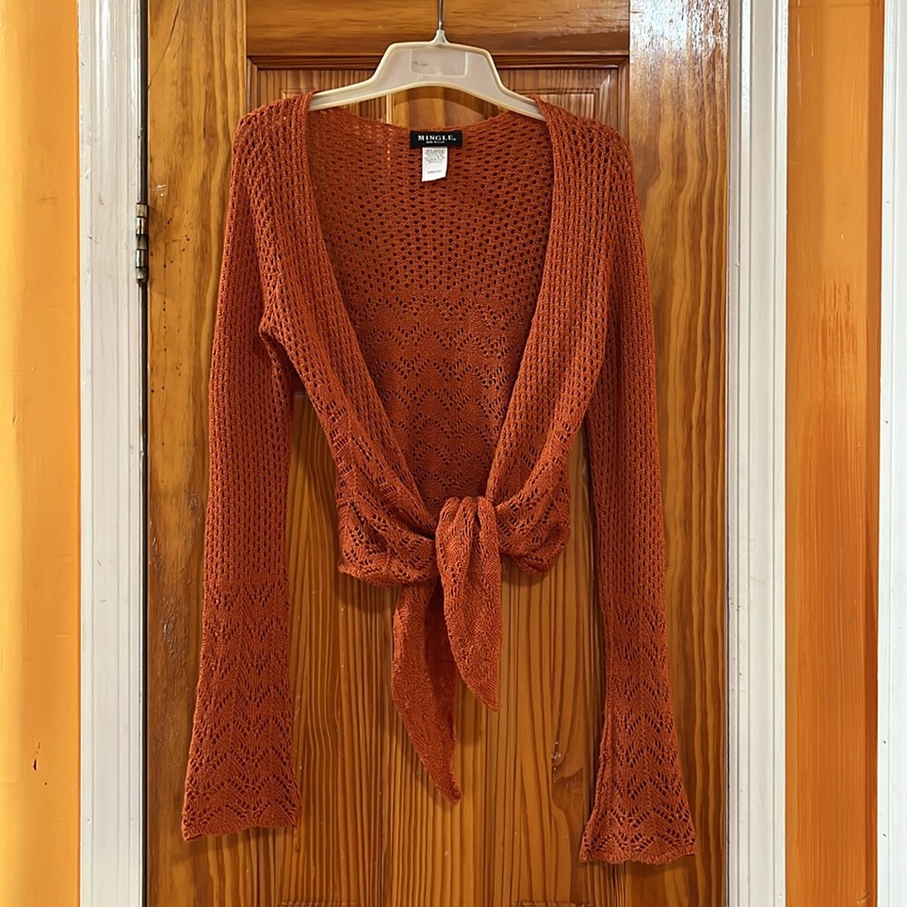 Mingle Belle Sleeve kimono Open Cardigan Style Copper Knit Y2K Crochet Top Sz M